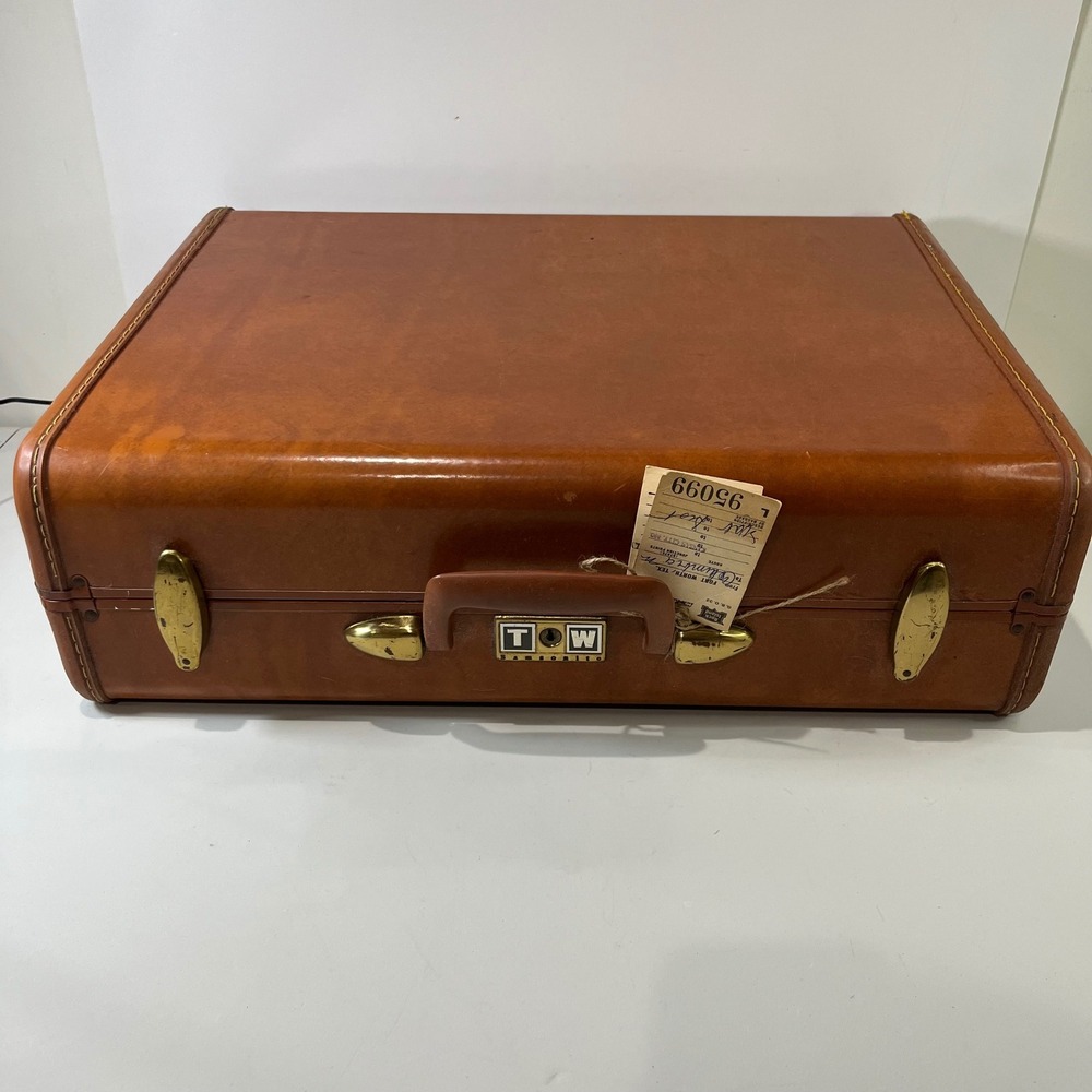 Vtg Samsonite Streamlite Saddle Tan Suitcase‎ Shwayder Bros MCM Luggage 50s Prop